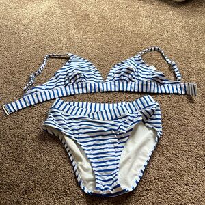 Blue and white striped swimsuit